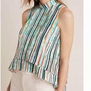 Anthropologie Hutch Lindsey Blue Motif Sleeveless High Neck Striped Top Size L